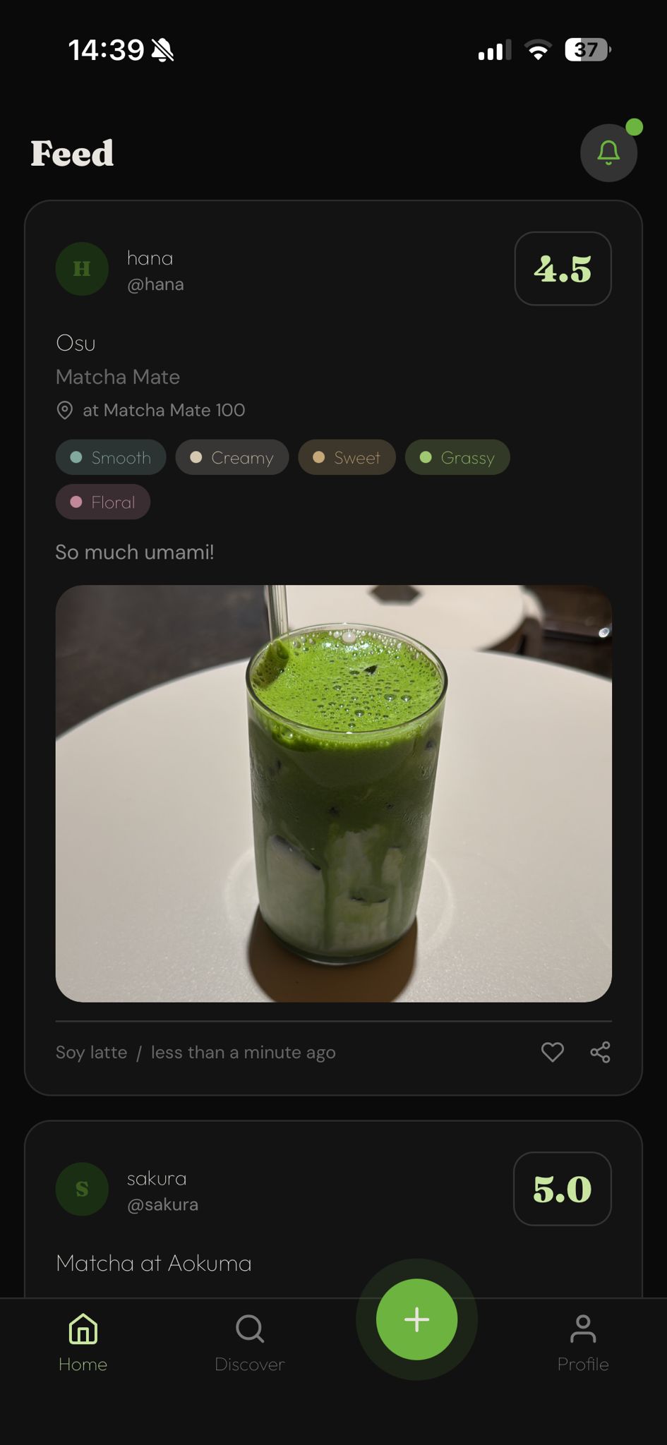 Whiskd app feed showing matcha ratings and reviews