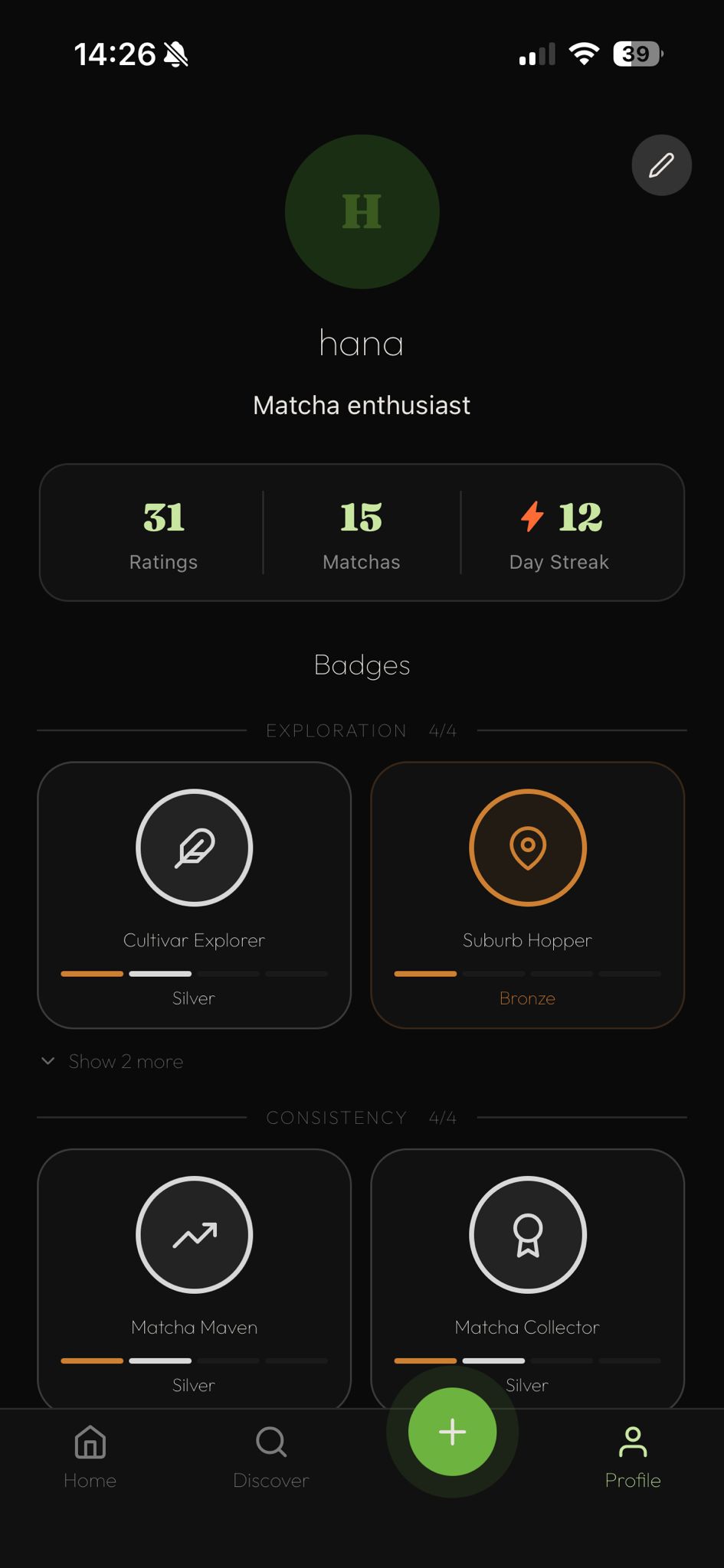 Your profile with stats and badges